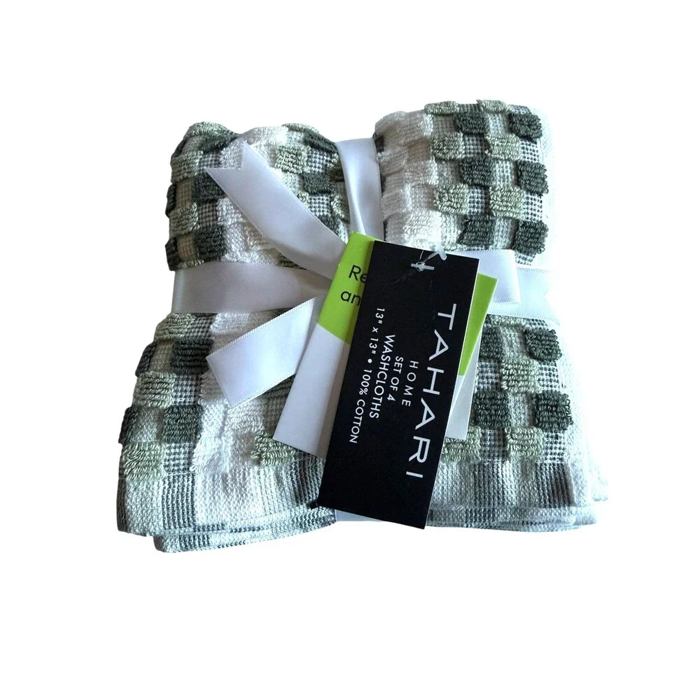 Tarhari 8 Piece Towel Set Tiles Squares Green White 2 Bath 2 Hand 4 Washcloths